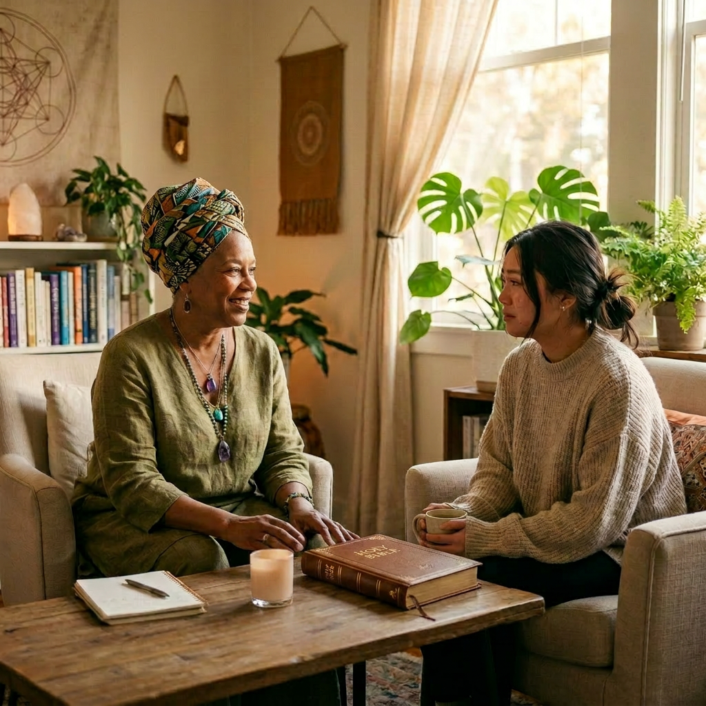 Comforting spiritual counseling session Two women sitting in a cozy room engaged in conversation with spiritual cards on the table