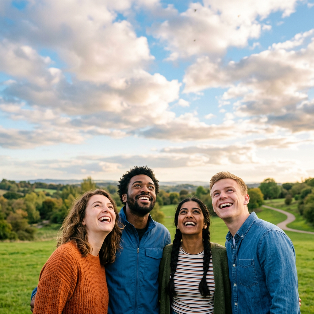 Group of four diverse friends standing on green field looking up and smiling