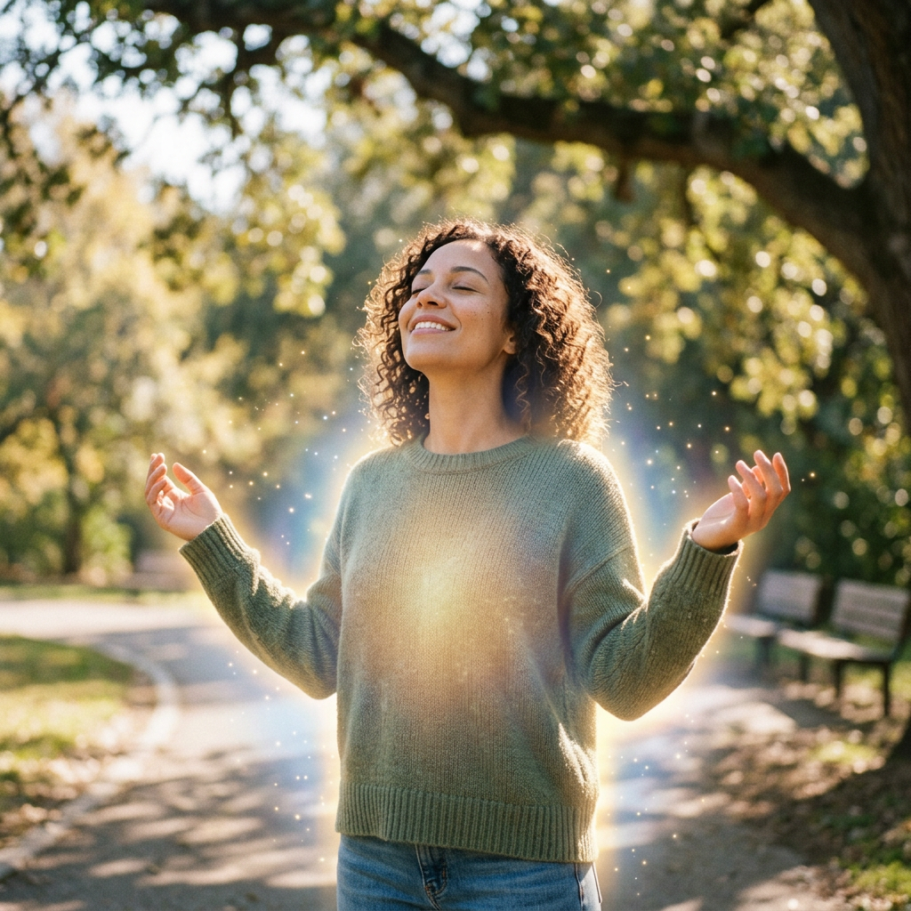 Woman standing outdoors with arms open, eyes closed, and a glowing light around her body