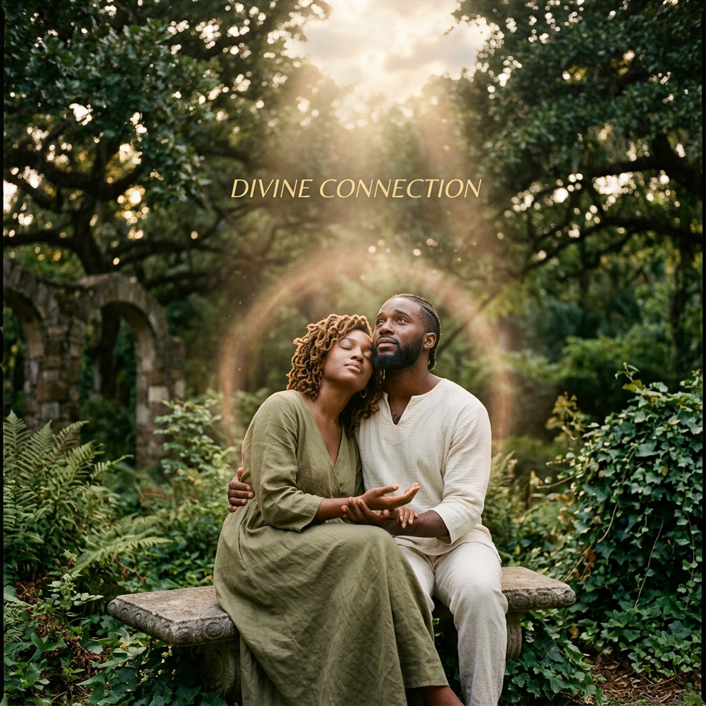 Couple sitting on a stone bench in a lush garden with sunlight and text saying divine connection